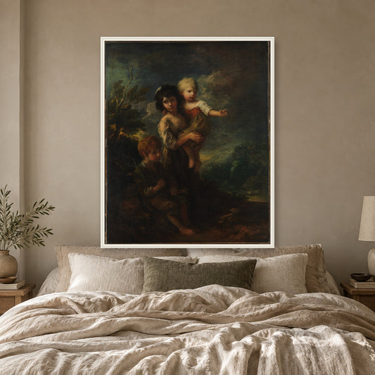Cottage Children (The Wood Gatherers) by Thomas Gainsborough — white frame, bedroom mockup