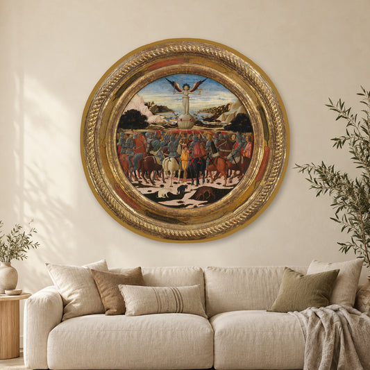 The Triumph of Fame; (reverse) Impresa of the Medici Family and Arms of the Medici and Tornabuoni Families by Giovanni di ser Giovanni Guidi (called Scheggia) — shaped gold frame, Japandi living room mockup