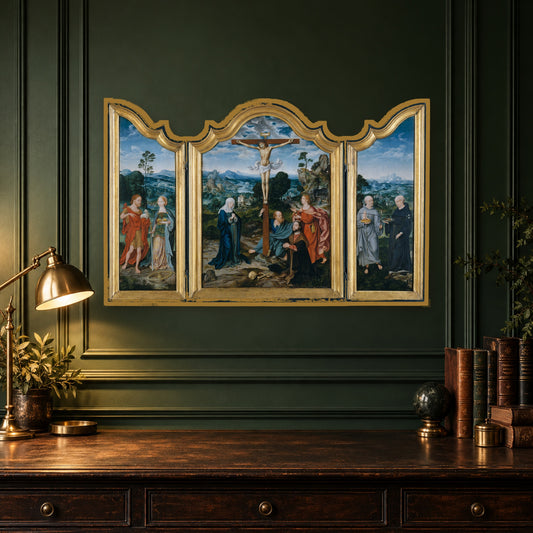 The Crucifixion with Saints and a Donor by Joos van Cleve — shaped gold frame, dark moody green study mockup