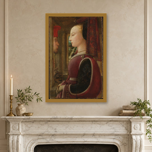 Portrait of a Woman with a Man at a Casement by Fra Filippo Lippi — ornate gold frame, white mantel mockup