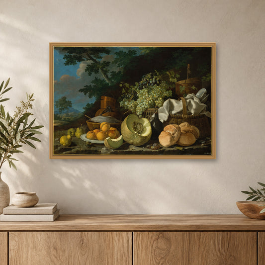 The Afternoon Meal (La Merienda) by Luis Meléndez — oak frame, close-up with books and ceramics mockup