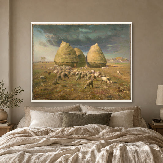Haystacks: Autumn by Jean-François Millet — white frame, bedroom mockup