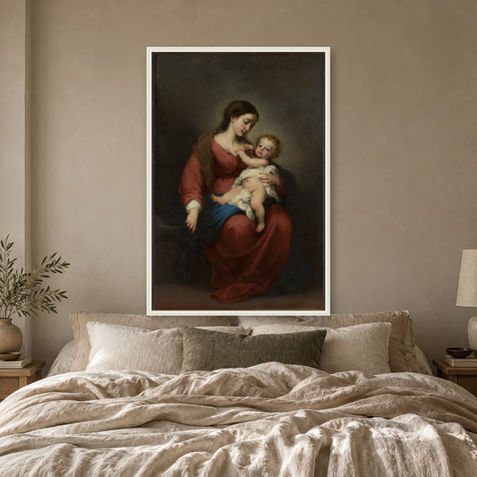 Virgin and Child by Bartolomé Estebán Murillo — white frame, bedroom mockup