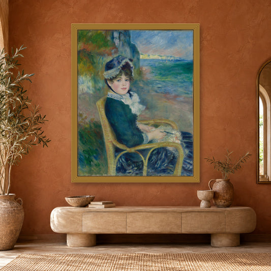 By the Seashore by Auguste Renoir — ornate gold frame, terracotta room with arched mirror mockup