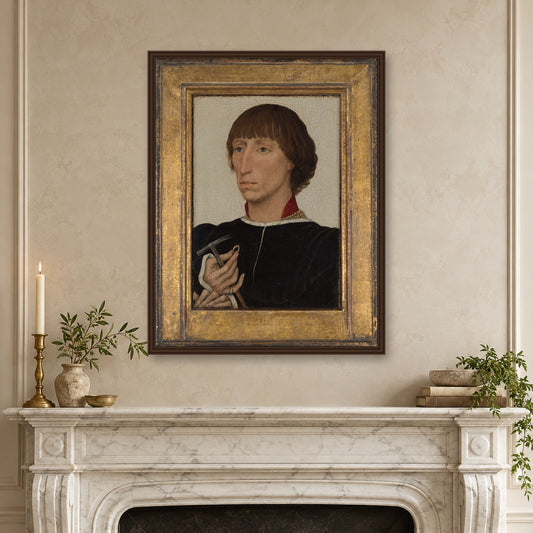 Francesco d'Este (born ca. 1429, died after 1486) by Rogier van der Weyden — walnut frame, white mantel mockup