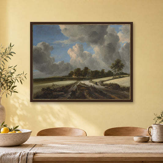 Wheat Fields by Jacob van Ruisdael — walnut frame, kitchen dining wall mockup