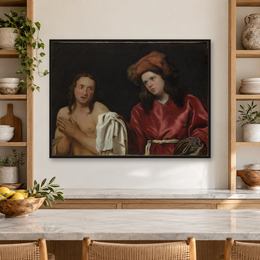 Clothing the Naked by Michiel Sweerts — black frame, modern kitchen with open shelving mockup