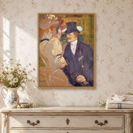 The Englishman (William Tom Warrener, 1861–1934) at the Moulin Rouge by Henri de Toulouse-Lautrec — oak frame, romantic cottage interior mockup