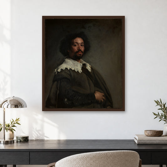 Juan de Pareja (ca. 1608–1670) by Velázquez (Diego Rodríguez de Silva y Velázquez) — walnut frame, minimalist office desk mockup