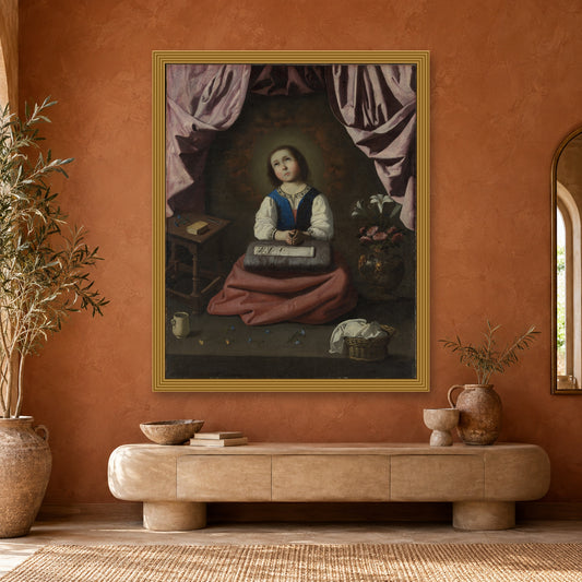 The Young Virgin by Francisco de Zurbarán — ornate gold frame, terracotta room with arched mirror mockup