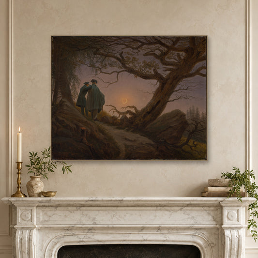 Two Men Contemplating the Moon by Caspar David Friedrich — canvas wrap, mantel mockup