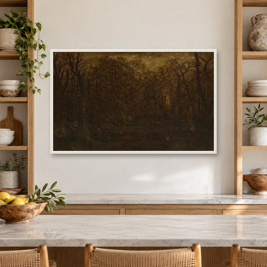 The Forest in Winter at Sunset by Théodore Rousseau — white frame, modern kitchen with open shelving mockup