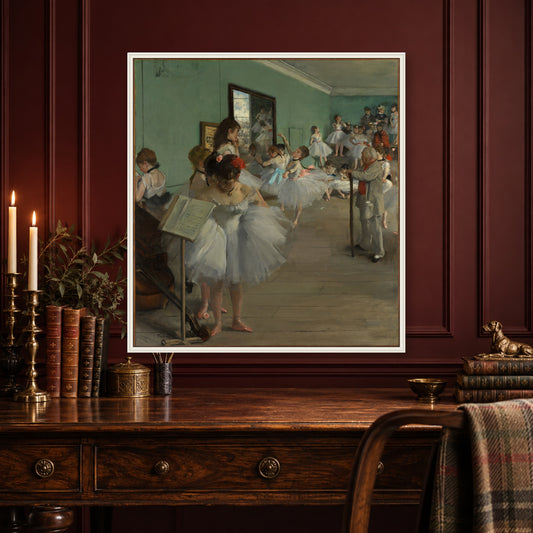 The Dance Class by Edgar Degas — white frame, classic walnut library mockup