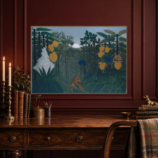 The Repast of the Lion by Henri Rousseau (le Douanier) — canvas wrap, classic walnut library mockup