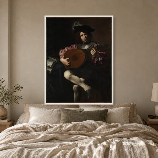 Lute Player by Valentin de Boulogne — white frame, bedroom mockup