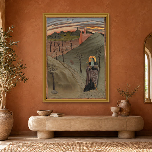 Saint Anthony the Abbot in the Wilderness by Sano di Pietro (Ansano di Pietro di Mencio) — ornate gold frame, terracotta room with arched mirror mockup