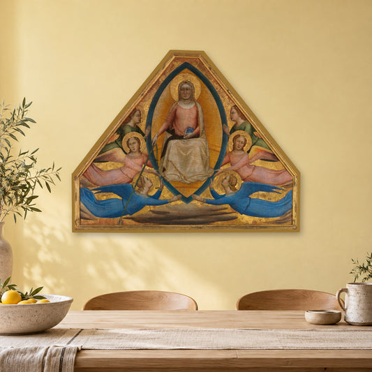 The Assumption of the Virgin by Bernardo Daddi — shaped gold frame, kitchen dining wall mockup