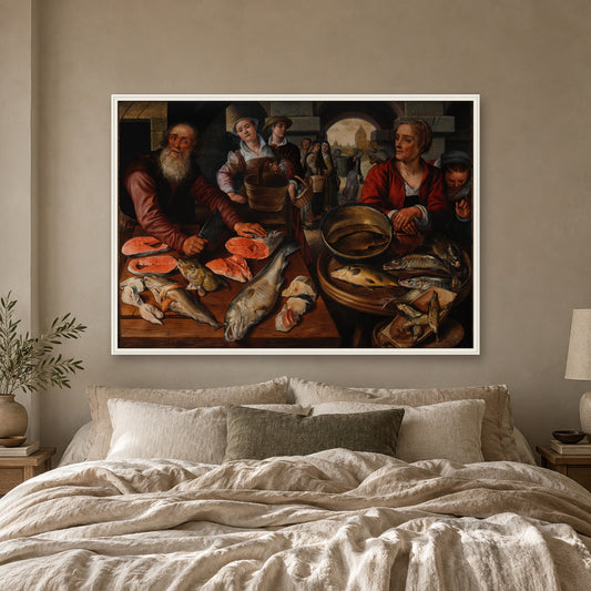 Fish Market by Joachim Beuckelaer — white frame, bedroom mockup
