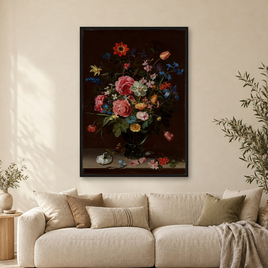 A Bouquet of Flowers by Clara Peeters — black frame, Scandi Japandi living room mockup