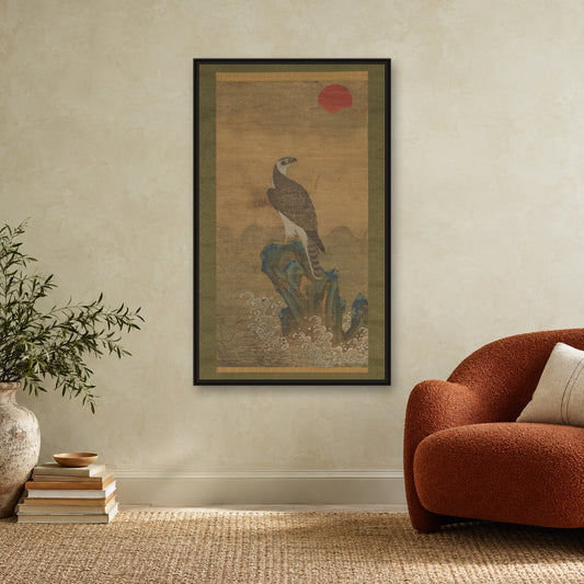 Hawk at sunrise by Jeong Hong-Rae 정홍래 鄭弘來 — black frame, reading nook armchair mockup