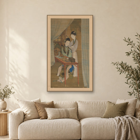 Woman at her dressing table by Leng Mei — canvas wrap, Japandi living room mockup