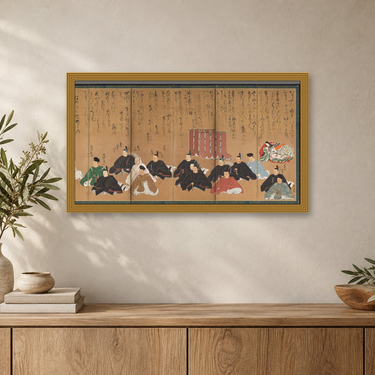 The Thirty-Six Poetic Immortals by Studio of Kano Takanobu — ornate gold frame, close-up with books and ceramics mockup