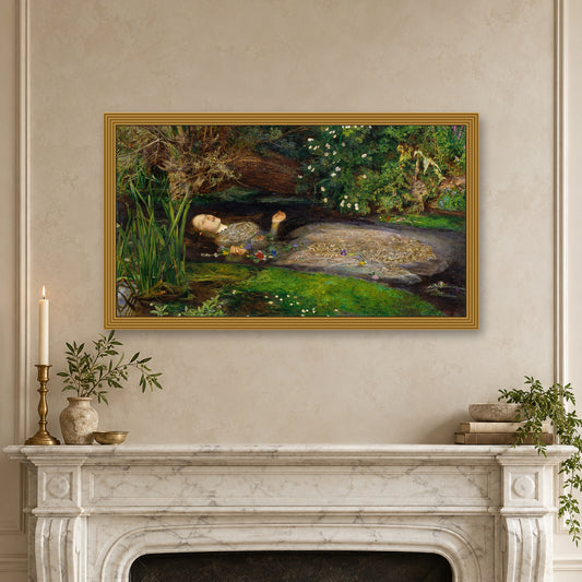 Ophelia by John Everett Millais — ornate gold frame above a mantel