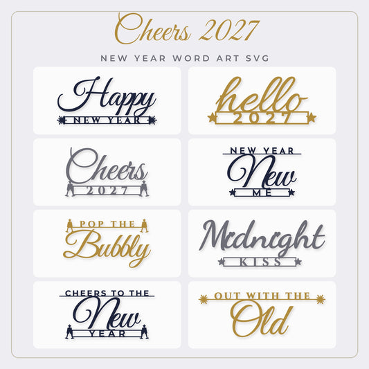 Cheers 2027 New Year SVG bundle preview showing 8 New Year word art designs in navy, gold and silver