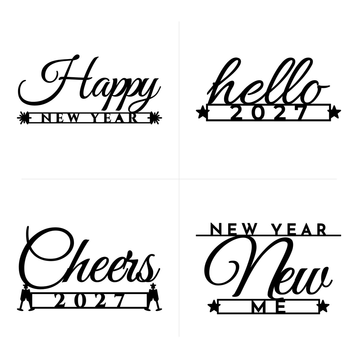 Happy New Year, Hello 2027, Cheers 2027 and New Year New Me calligraphy cut file designs