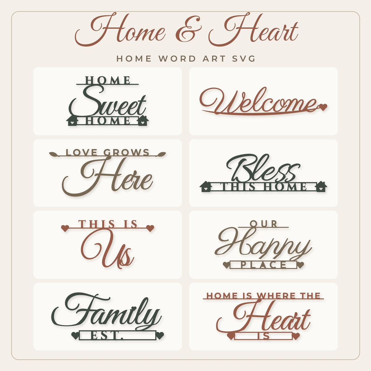 Home & Heart SVG bundle preview showing 8 home and family word art designs in warm green and terracotta