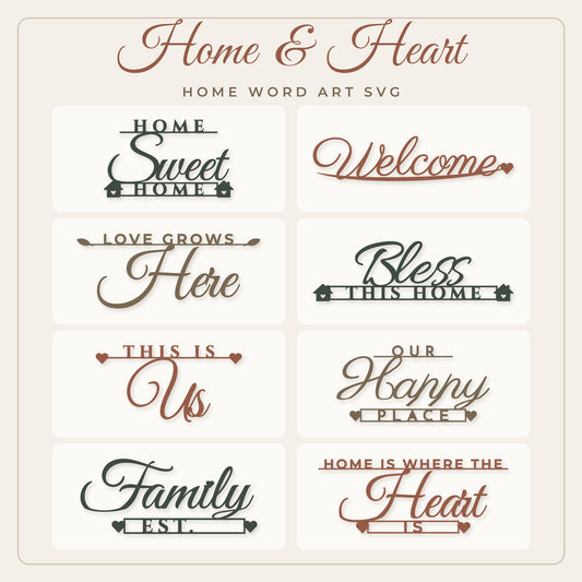 Home & Heart SVG bundle preview showing 8 home and family word art designs in warm green and terracotta