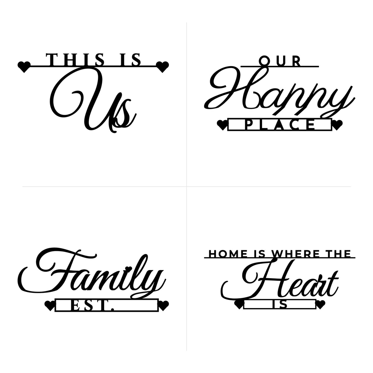 This Is Us, Our Happy Place, Family Est. and Home Is Where the Heart Is word art SVG designs