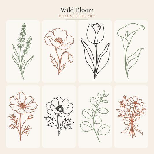 Wild Bloom floral line art SVG bundle, 8 botanical flower designs shown in sage, terracotta and charcoal