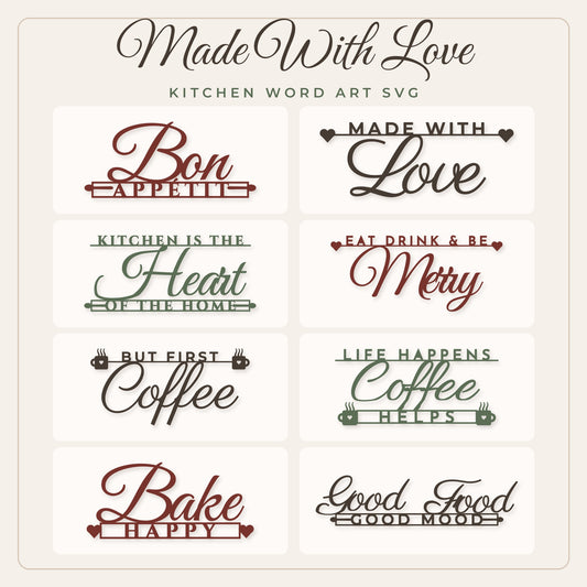 Made With Love kitchen SVG bundle preview showing 8 kitchen and coffee word art designs