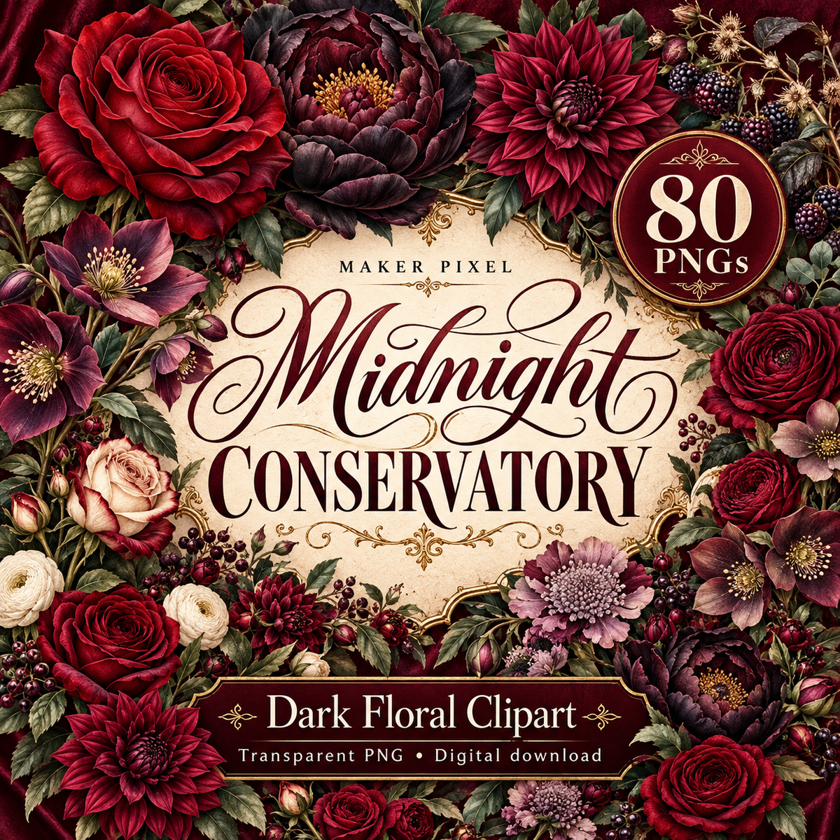 Midnight Conservatory — 80 transparent dark floral PNGs, burgundy roses and gothic flowers, styled product preview