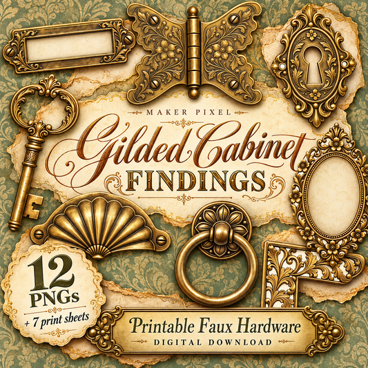 Gilded Cabinet Findings — 12 antique brass faux hardware PNGs plus 7 printable sheets, styled product preview
