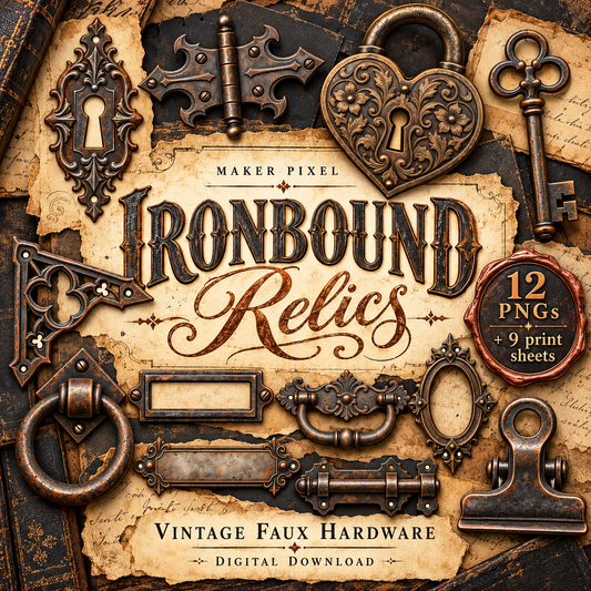 Ironbound Relics — 12 vintage faux hardware PNGs plus 9 printable sheets, styled product preview