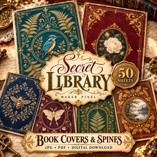 Secret Library — 50 printable JPG sheets plus PDF, vintage book covers and spines, styled product preview