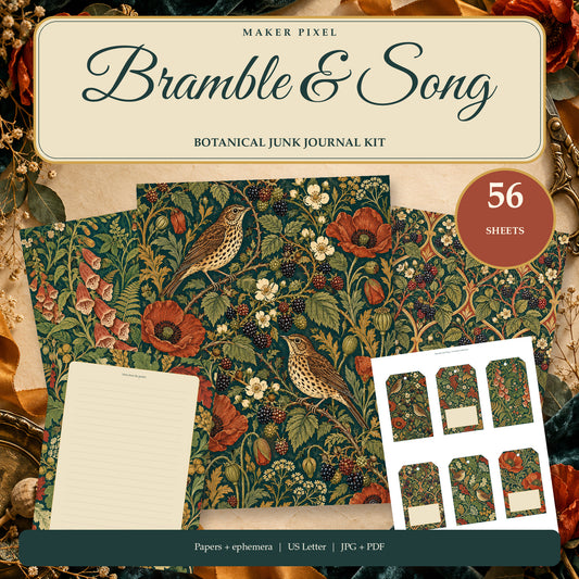 Bramble and Song - 56 Page Arts and Crafts Botanical Junk Journal Kit, JPG and PDF — Hero