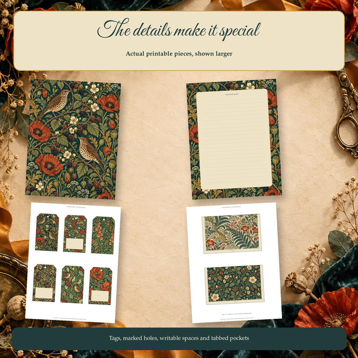 Bramble and Song - 56 Page Arts and Crafts Botanical Junk Journal Kit, JPG and PDF — Close Up Previews