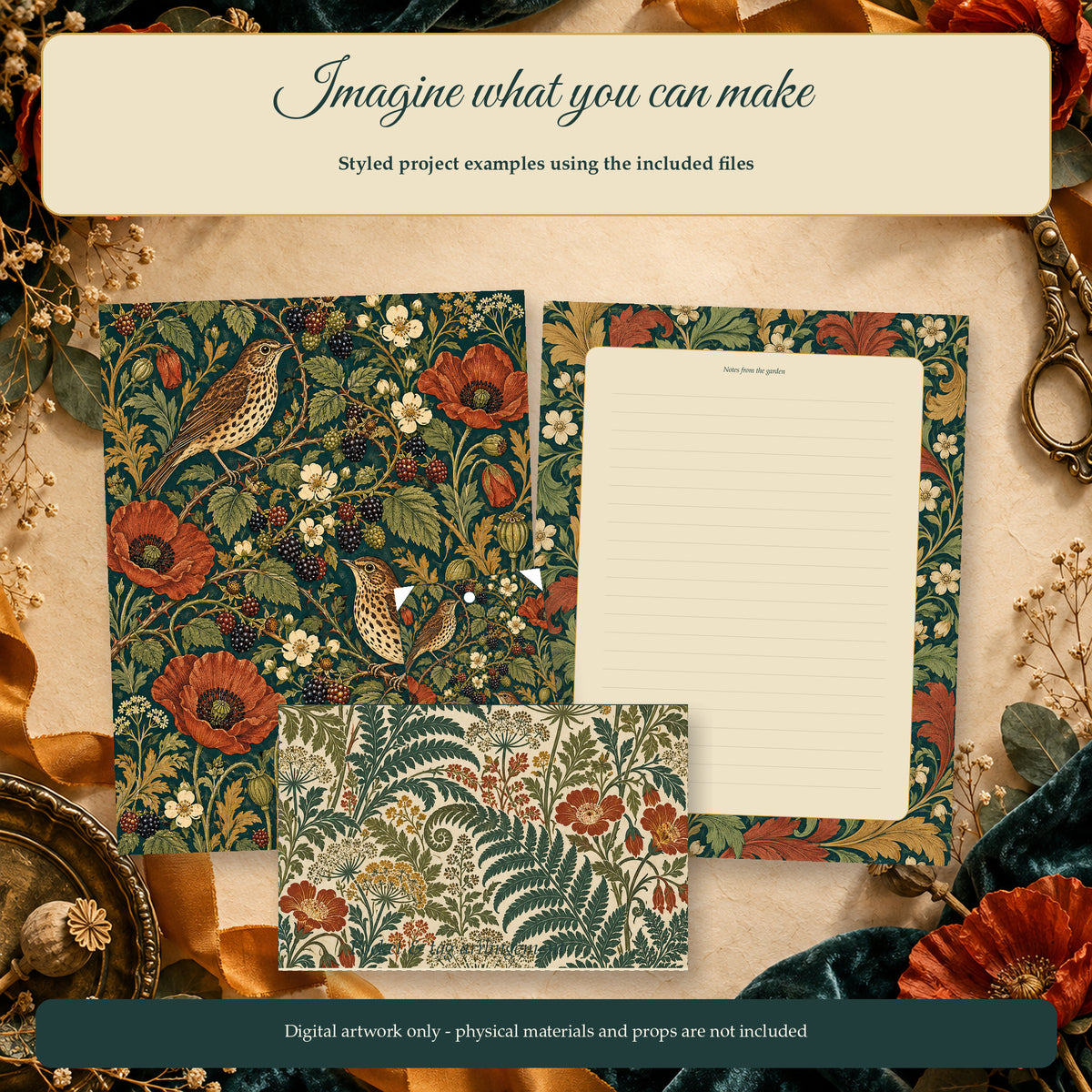 Bramble and Song - 56 Page Arts and Crafts Botanical Junk Journal Kit, JPG and PDF — Project Mockup