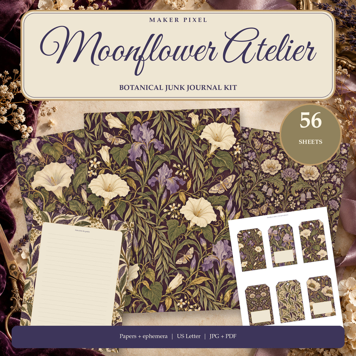 Moonflower Atelier - 56 Page Arts and Crafts Botanical Junk Journal Kit, JPG and PDF — Hero