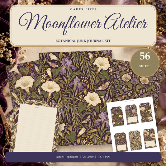 Moonflower Atelier - 56 Page Arts and Crafts Botanical Junk Journal Kit, JPG and PDF — Hero