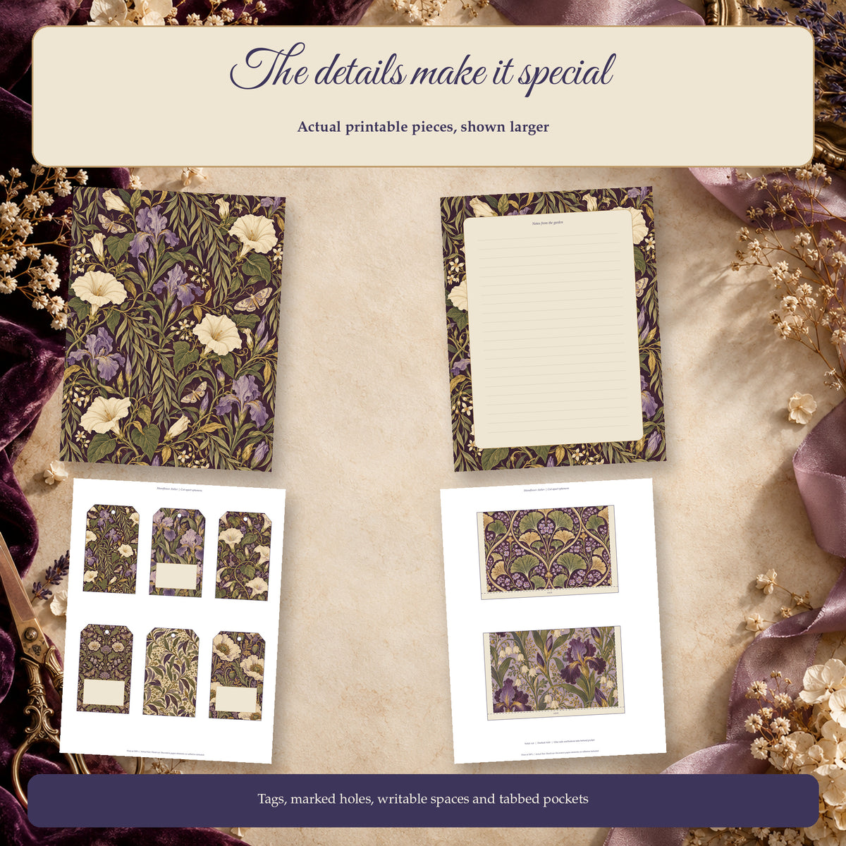 Moonflower Atelier - 56 Page Arts and Crafts Botanical Junk Journal Kit, JPG and PDF — Close Up Previews