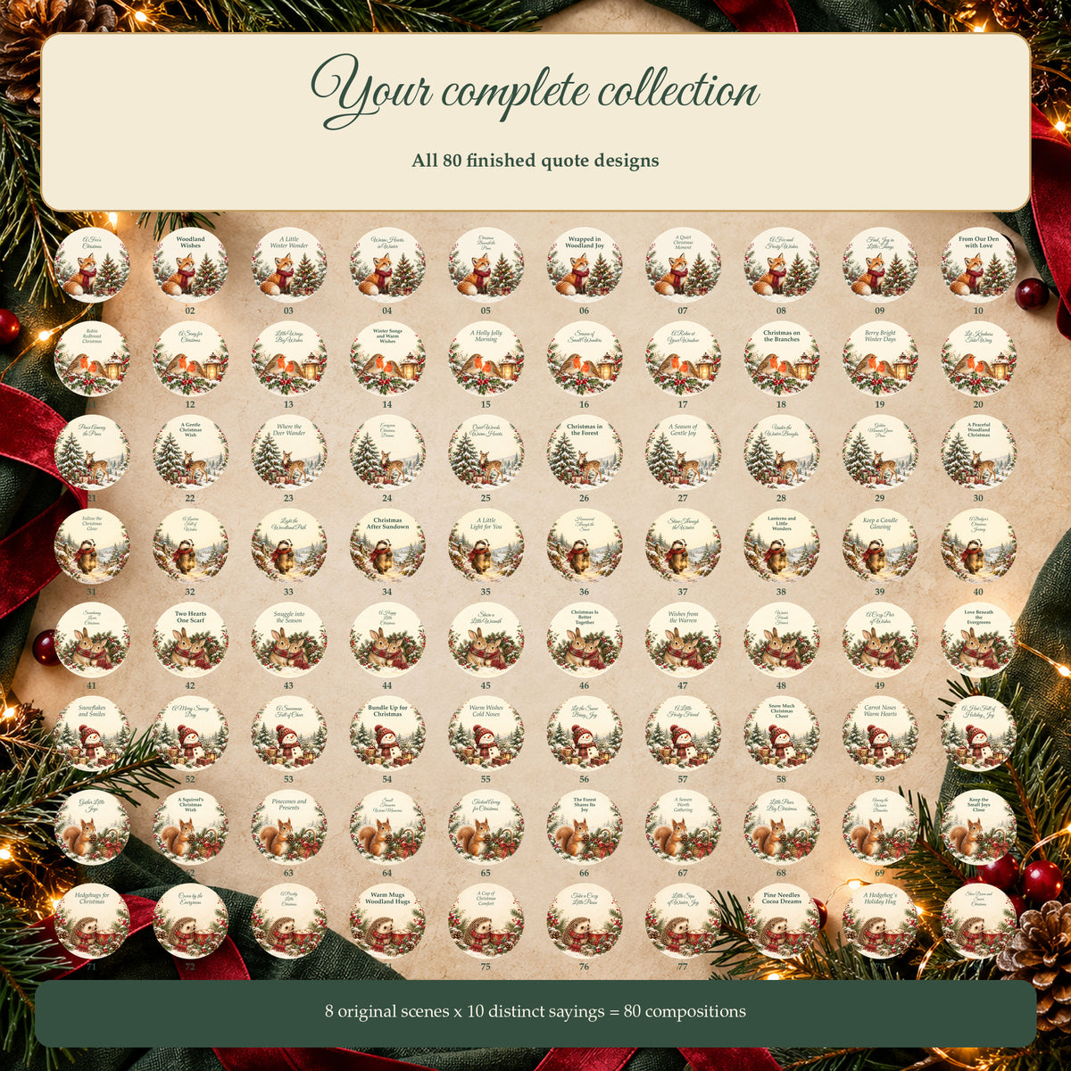 Woodland Christmas Wishes - 80 Christmas Quote Round PNGs for Coasters and Ornaments — Exact Contents
