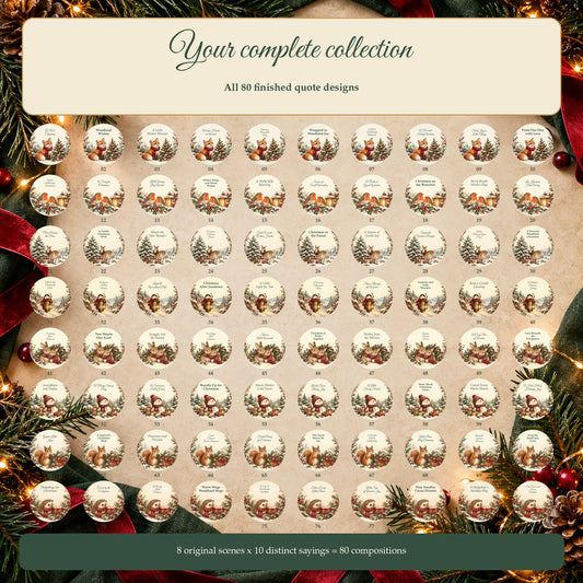 Woodland Christmas Wishes - 80 Christmas Quote Round PNGs for Coasters and Ornaments — Exact Contents