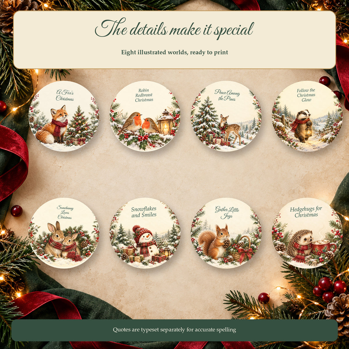 Woodland Christmas Wishes - 80 Christmas Quote Round PNGs for Coasters and Ornaments — Close Up Previews