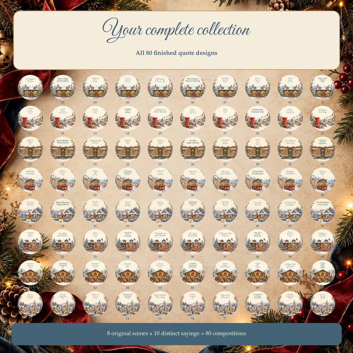 Little Village Christmas - 80 Christmas Quote Round PNGs for Coasters and Ornaments — Exact Contents