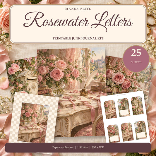 Rosewater Letters printable junk journal kit, actual included papers and tags, 25 sheets, JPG and PDF