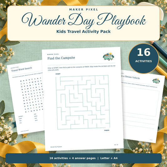 Wander Day Playbook kids travel activity PDF pack, actual maze, word-search and drawing pages